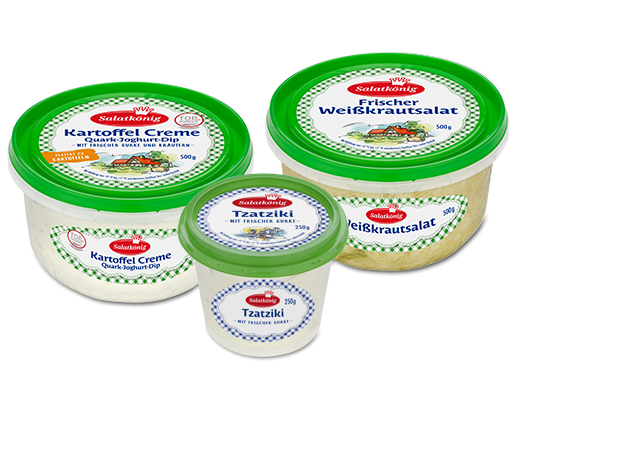 Packungen von Salatkönig Kartoffel Creme, Tzatziki und Weißkrautsalat